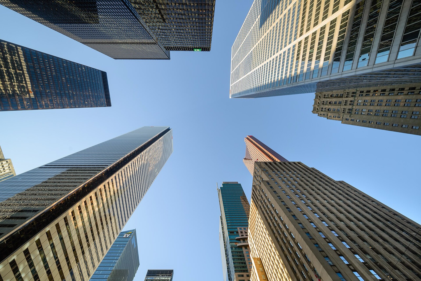 Office towers in Toronto’s financial district, seen from street level